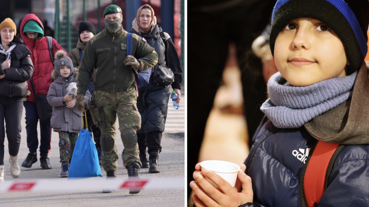 Pojken och bild på ukrainska flyktingar vid slovakiska gränsen.