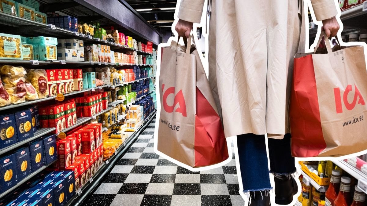 Hyllor i Ica-butik och kvinna med Ica-kassar