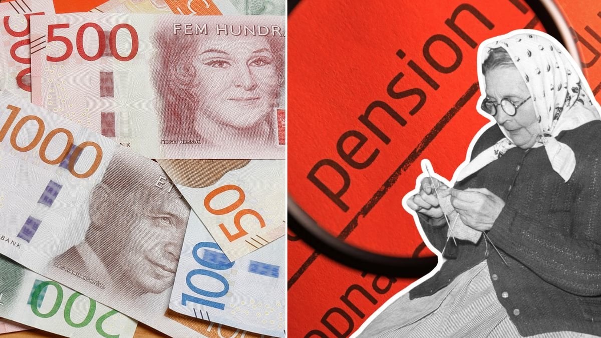 Pengar, det orange kuvertet och en äldre kvinna i svart/vit-färgskala.