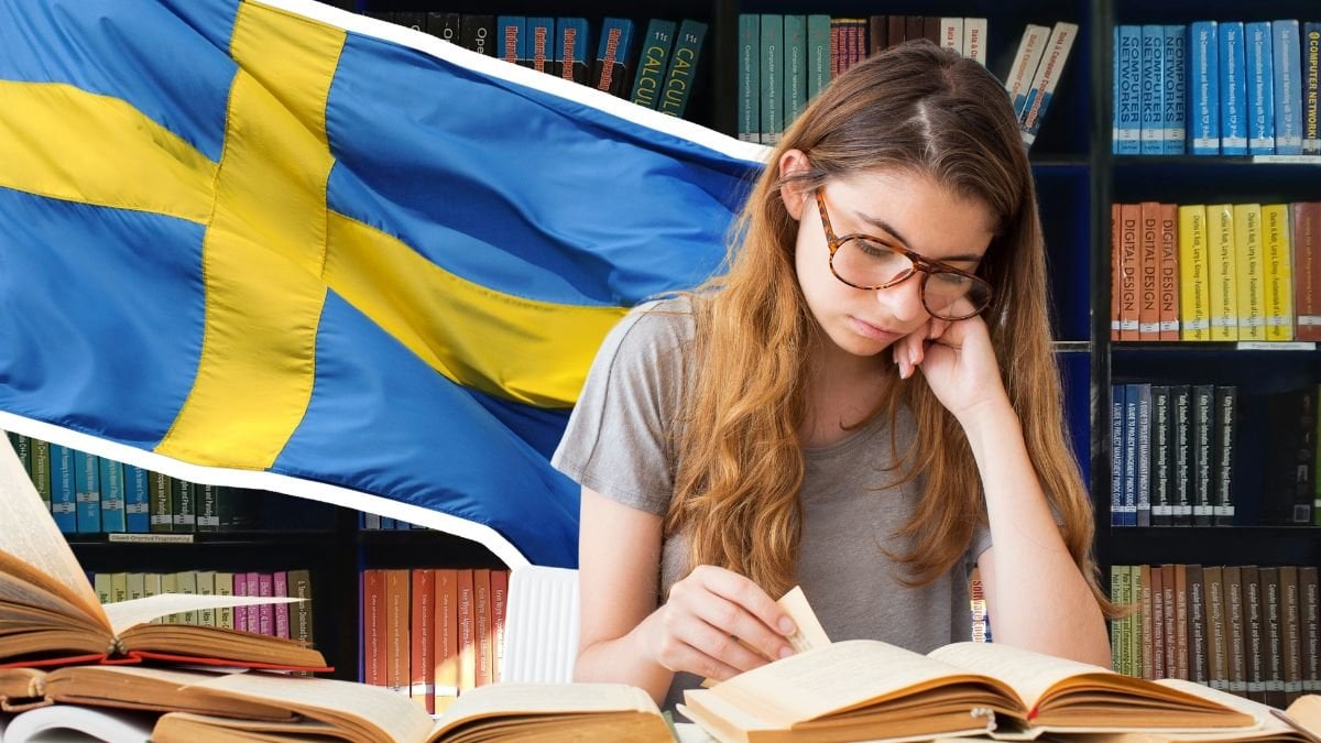 Sveriges flagga och ung kvinna som studerar