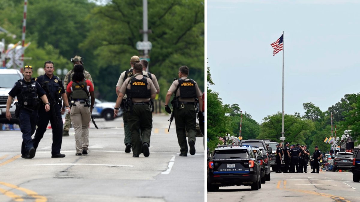 Poliser på plats i Highland Park utanför Chicago, där flera människor skjutits ihjäl.