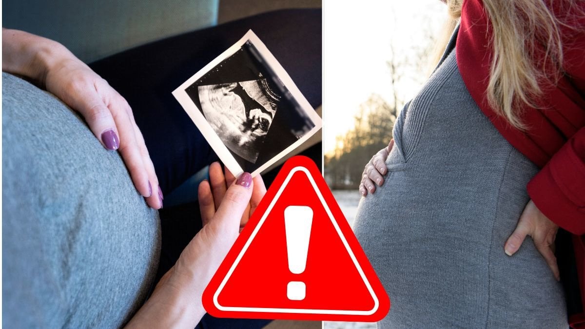 Gravid kvinna tittar på bild av ultraljud och en gravid kvinna håller på sin mage. En varningstriangel syns i bild.