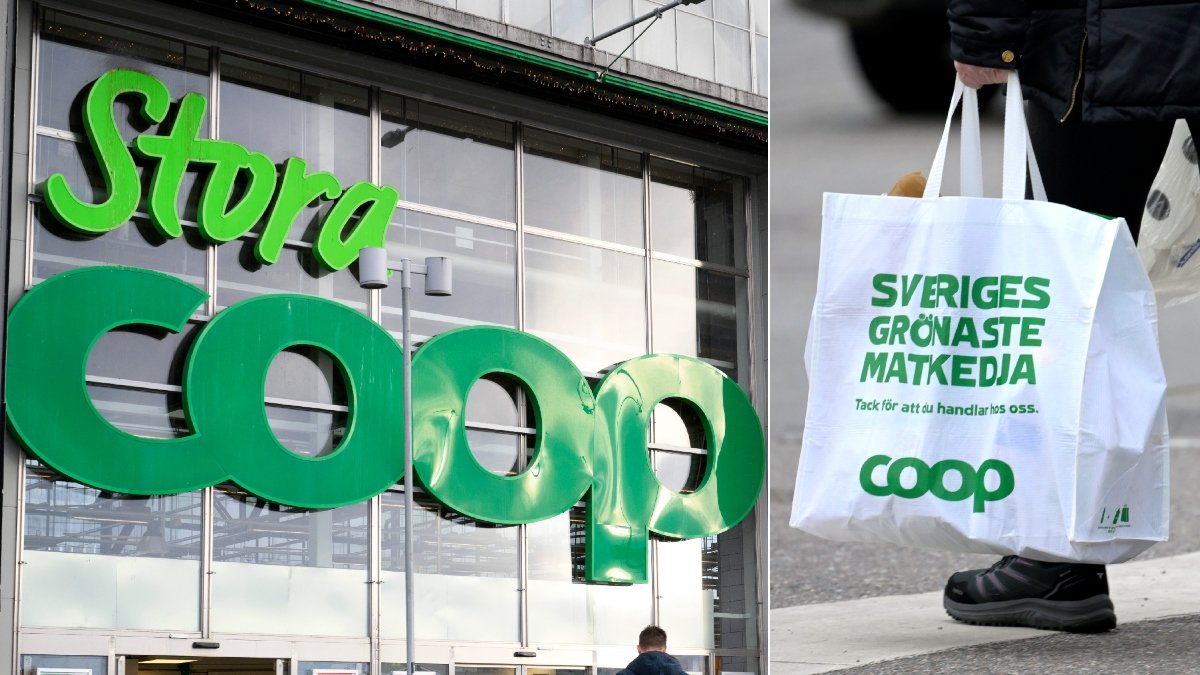 Bilder på en Coop-kasse och en Coop-skylt.