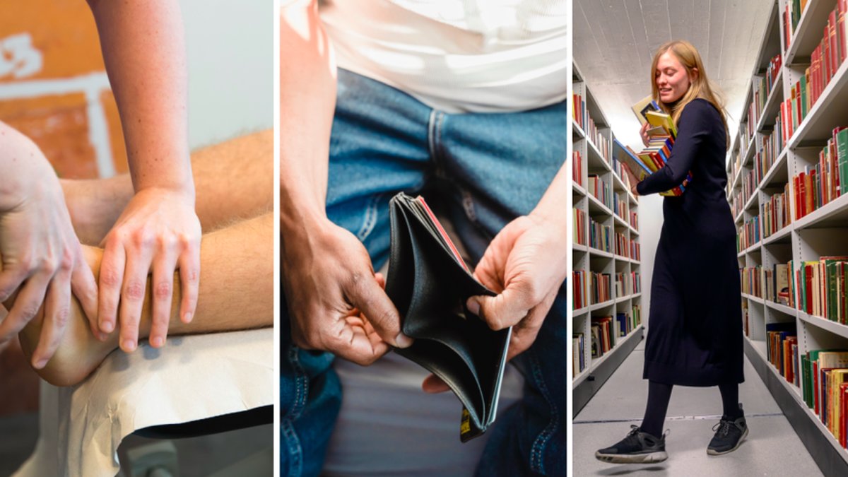 Fysioterapeut, tom plånbok, bibliotikarie 