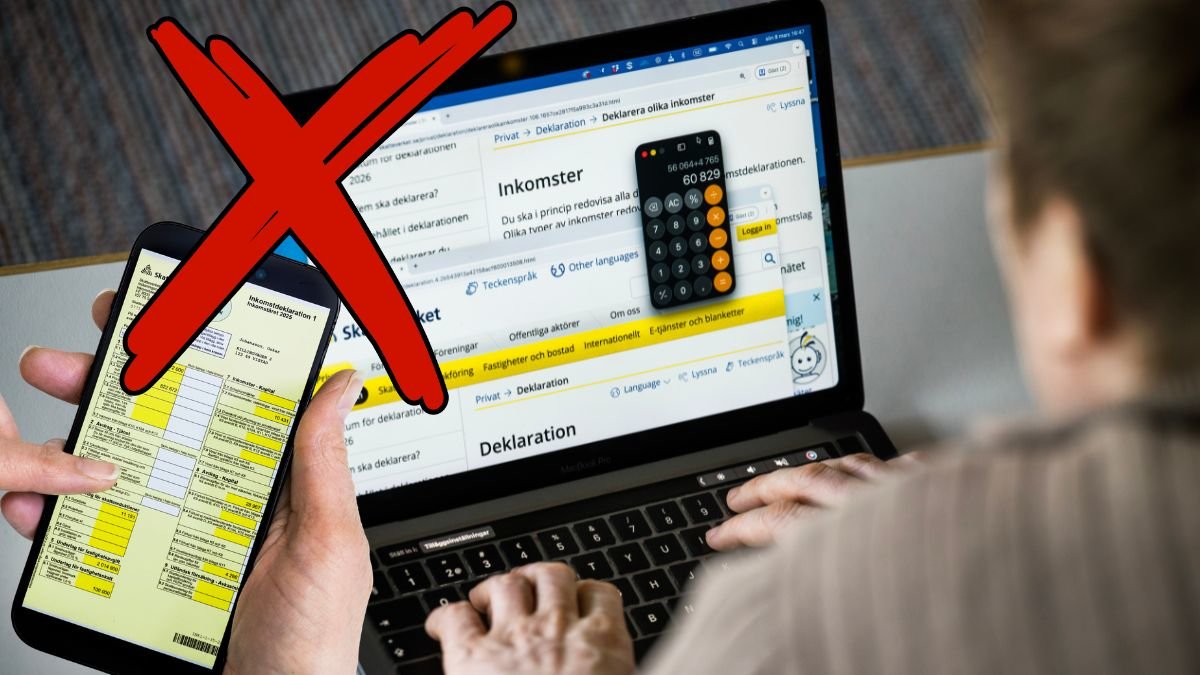 Deklarationsblankett i mobilen, inkomstdeklaration på datorn och ett rött kryss.