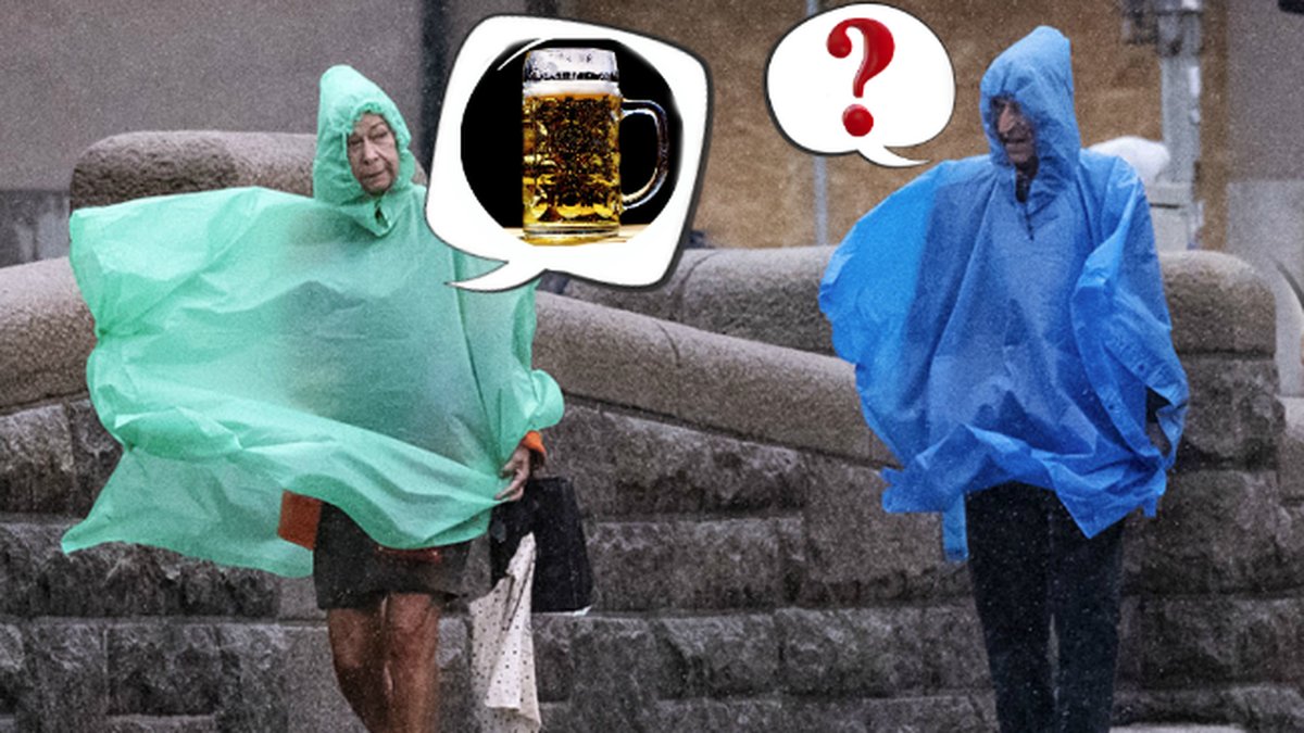 Två personer som går i stormen Knud. Öl och ett frågetecken.