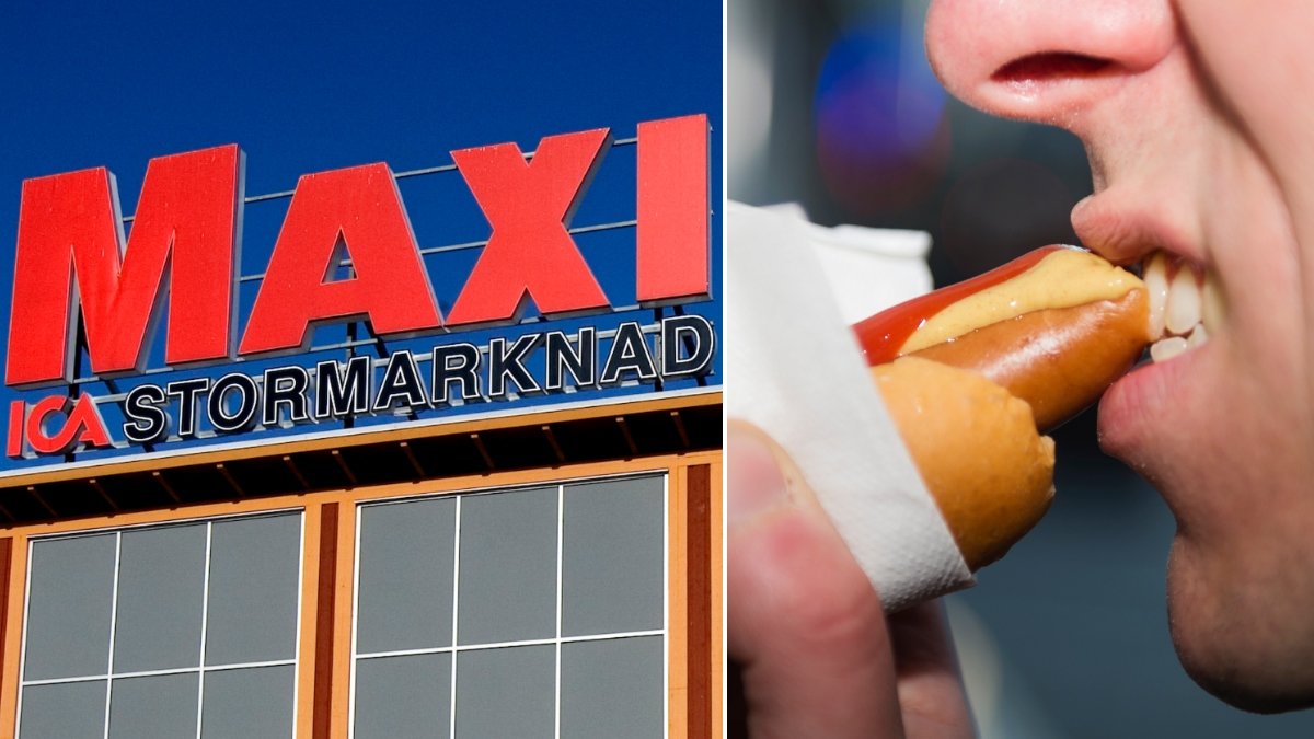 Bild på Ica-skylt och en man som äter korv.