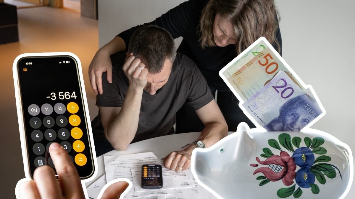 Par som tröstar varandra, spargris och miniräknare i mobil.