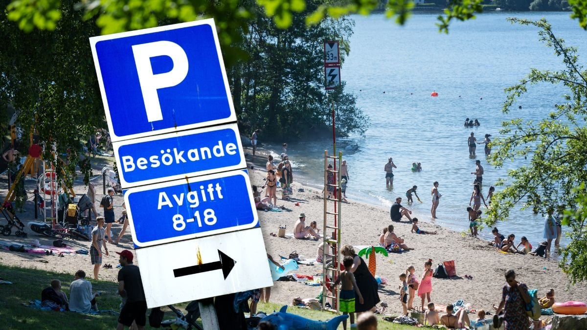 Badplats och skylt om parkeringsavgift