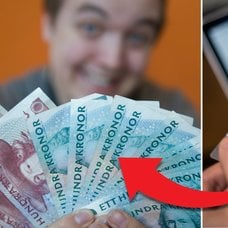 Man håller i svenska sedlar och en person nätshoppar framför dator.