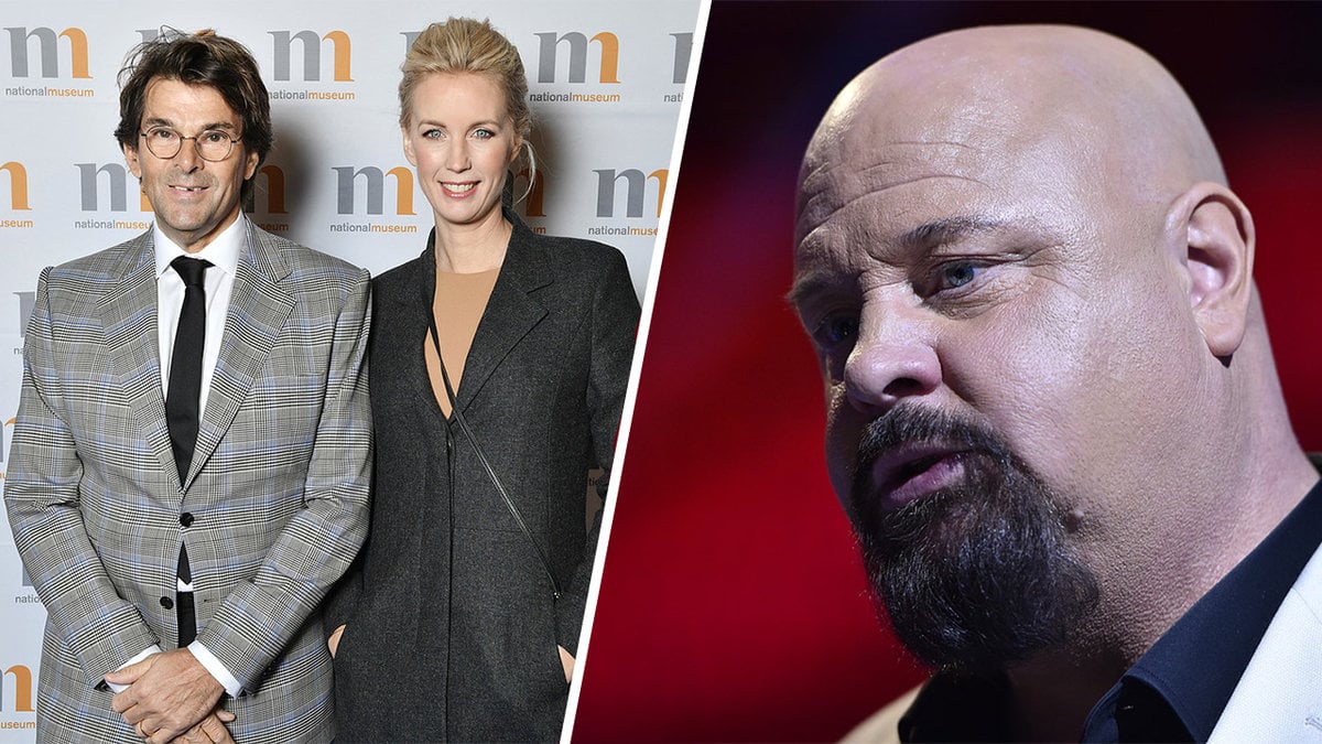 en man i grå kostym, en kvinna i grå rock, en rakad man 