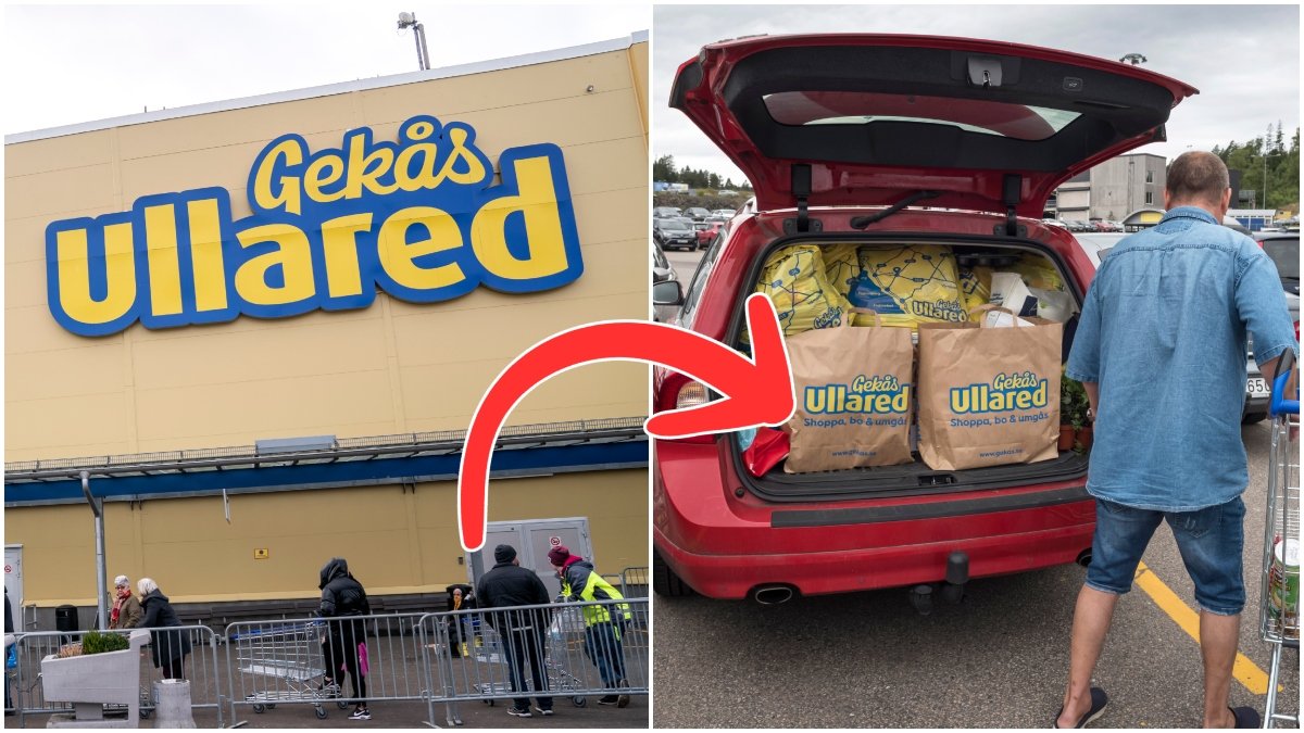 Gekås Ullared och en man som packar bilen med Gekås-påsar.