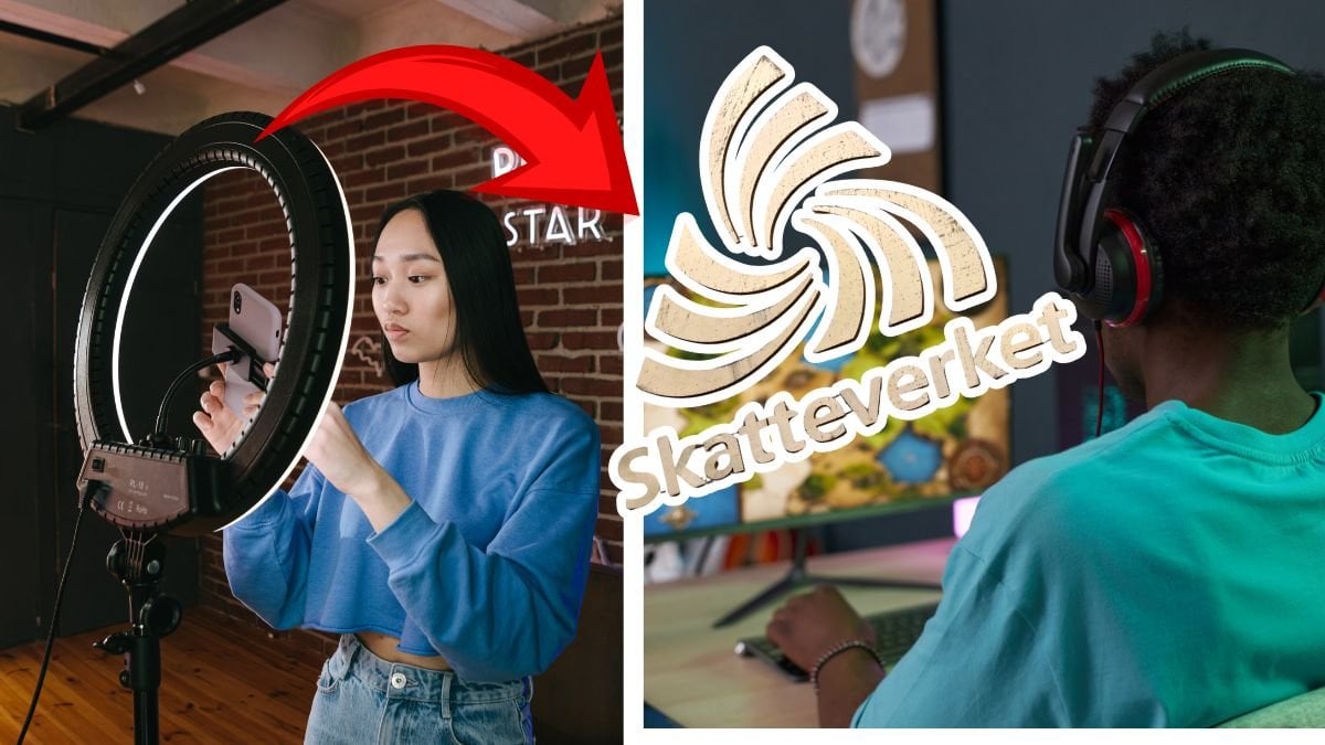 Influencer vänster, gamer höger. Skatteverket-skylt utklippt i mitten.