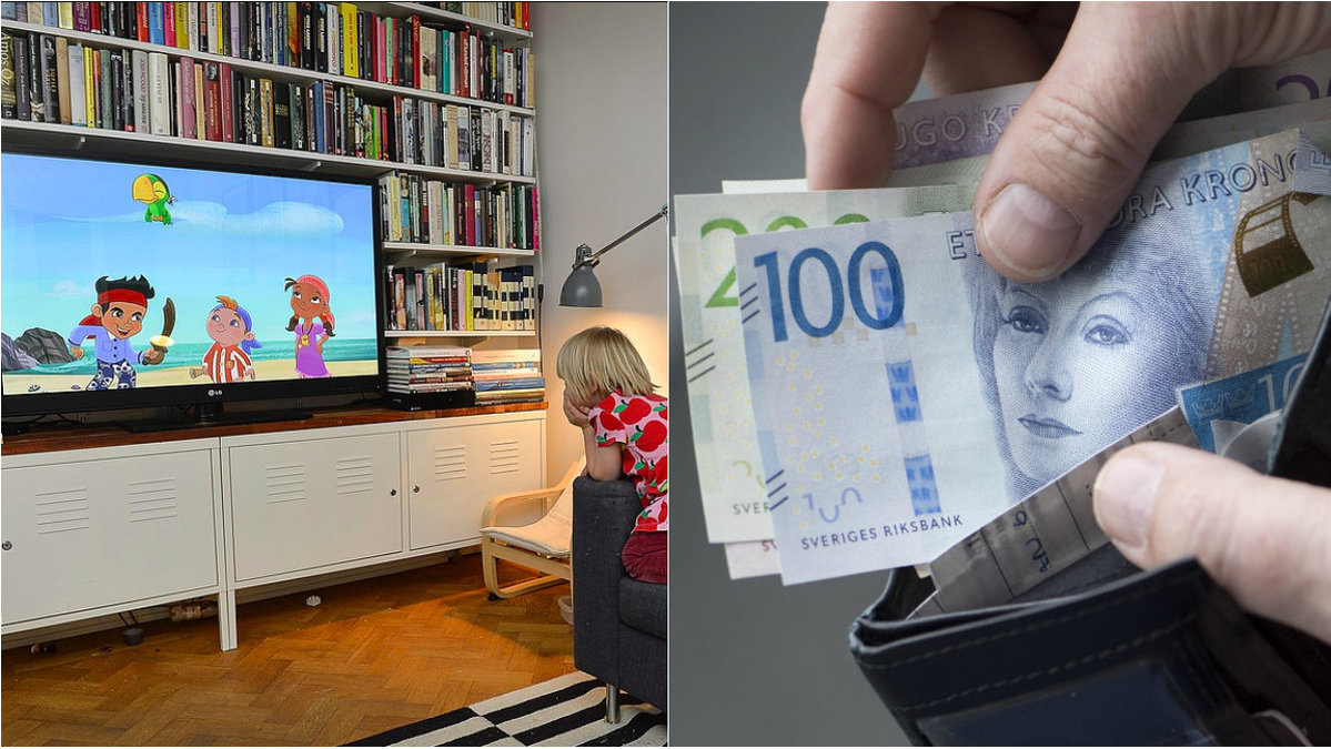 Ett barn tittar på tv. Till höger sedlar i en plånbok