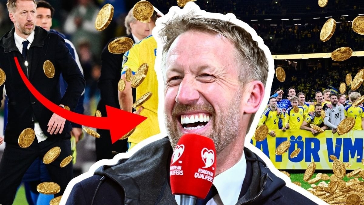 Graham Potter på plan vänster. Svenska Herrlandslaget höger. Närbild på Graham Potter utklippt i mitten. Regnande mynt i bakgrunden.