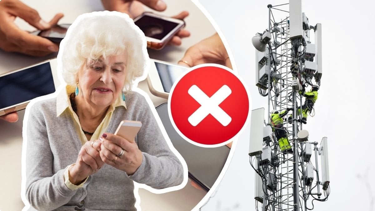 Mobiltelefoner, äldre kvinna med mobiltelefon och en 5G-mast