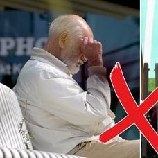 Äldre man på bänk och person i solstol.