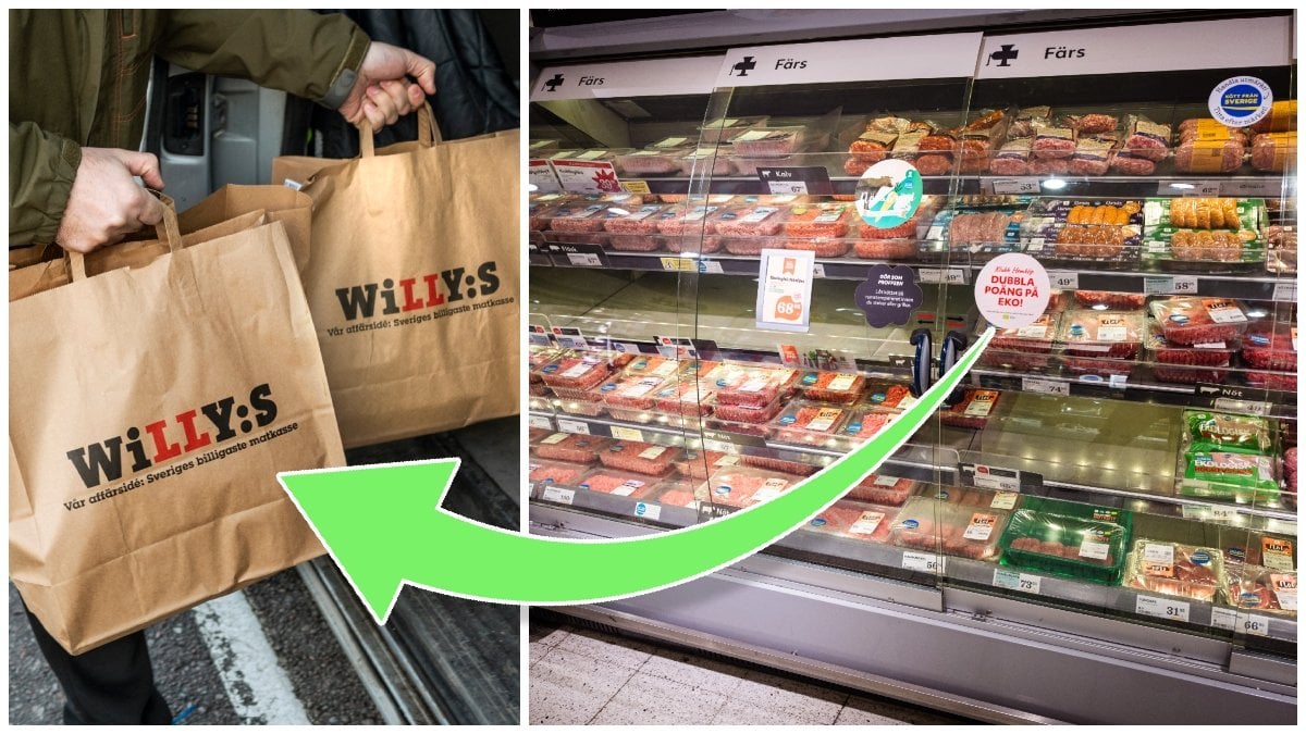 Willys-påsar och en butikskyl med kött