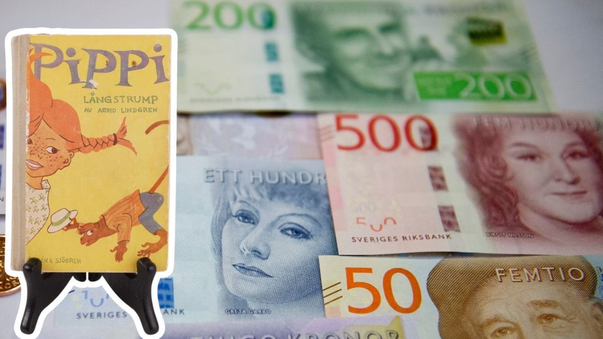 Första utgåvan av boken Pippi Långstrump från 1945. I bakgrunden ligger sedlar i olika valörer.