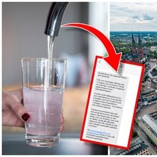 Person som fyller glas med vatten och en bild på Uppsala från ovan