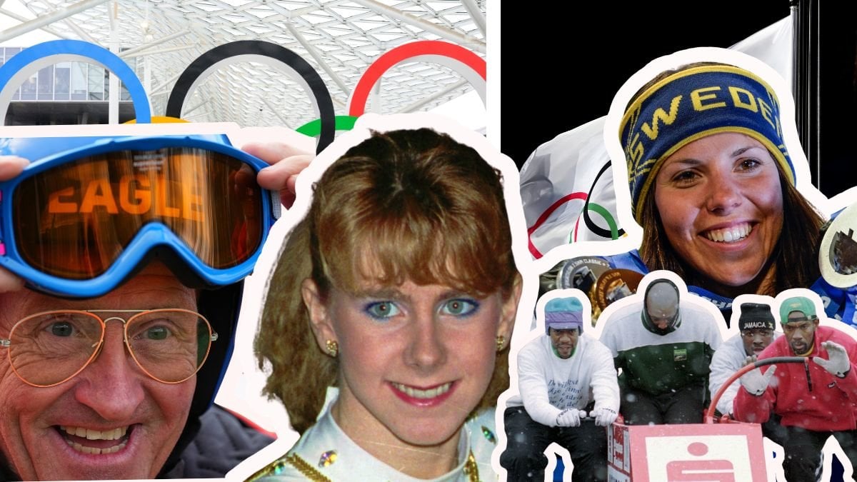 OS ringarna i bakgrunden. Utklippta bilder av Eddie The Eagle, Tonya Harding, Jamaikas boblandslag 1988 och Charlotte Kalla över bakgrunden.