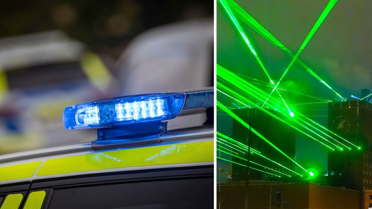 Blåljus bild till vänster. Bild från en lasershow till höger. Grön laser.