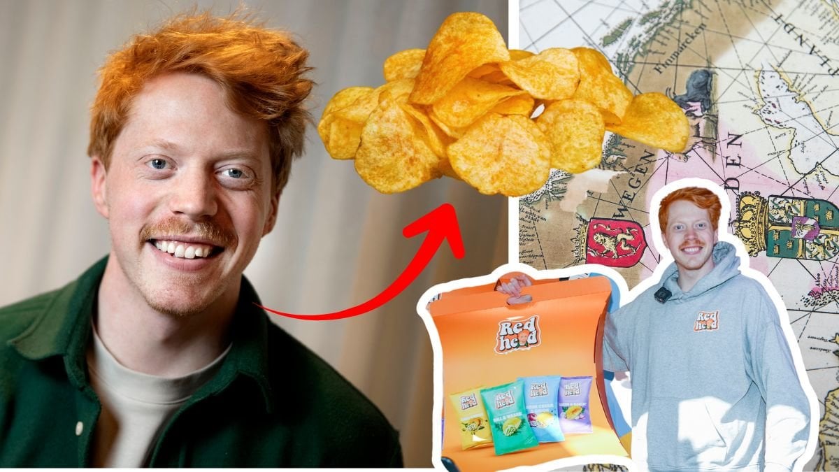 Mauri Hermundsson leende i närbild till vänster. Röd pil pekar från närbilden till utklippta chips i mitten av bilden. Karta över Sverige och Norge till höger. I hörnet en utklippt bild på Mauri Hermundsson hållande i en Red Head påse.