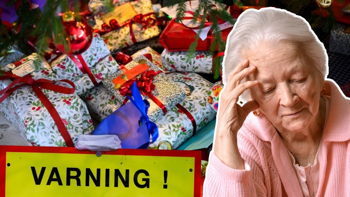 Julklappar, kvinna och en varningsskylt.