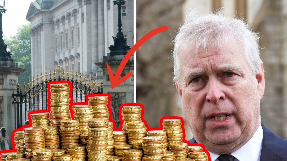 Buckingham palace vänster. Närbild prins Andrew höger. En utklippt hög med mynt till vänster.