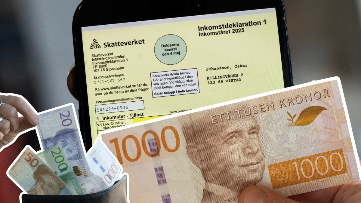 Deklaration i mobilen, en plånbok och sedlar i olika valörer.