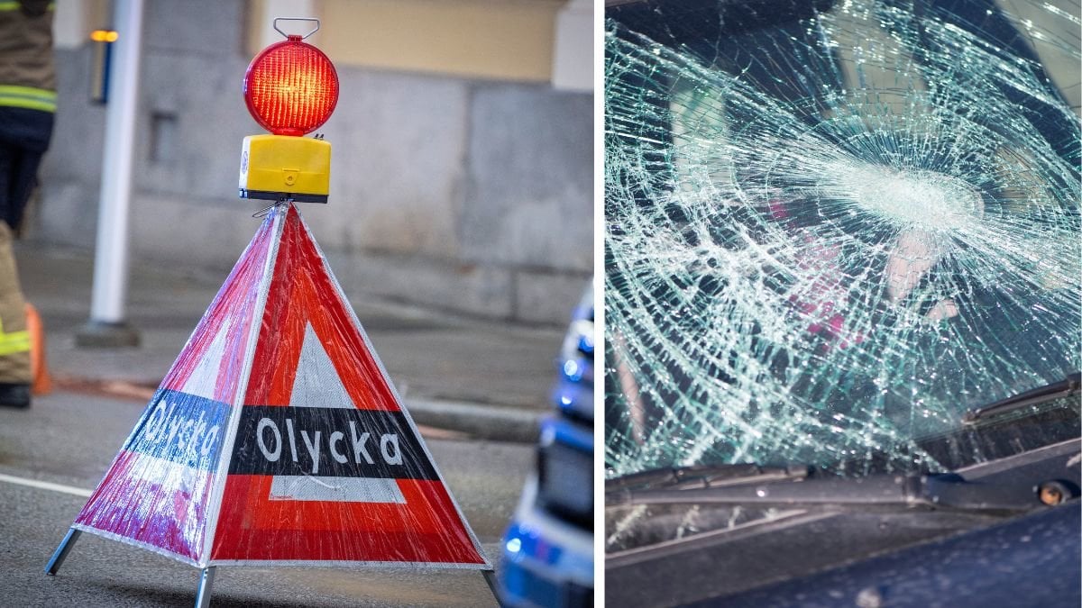 Olyckaskylt till vänster. Krossad bilruta till höger.