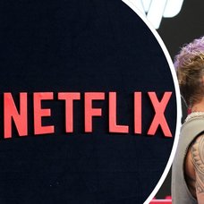 Netflix logga och Jake Paul med Anthony Joshua inför matchen.