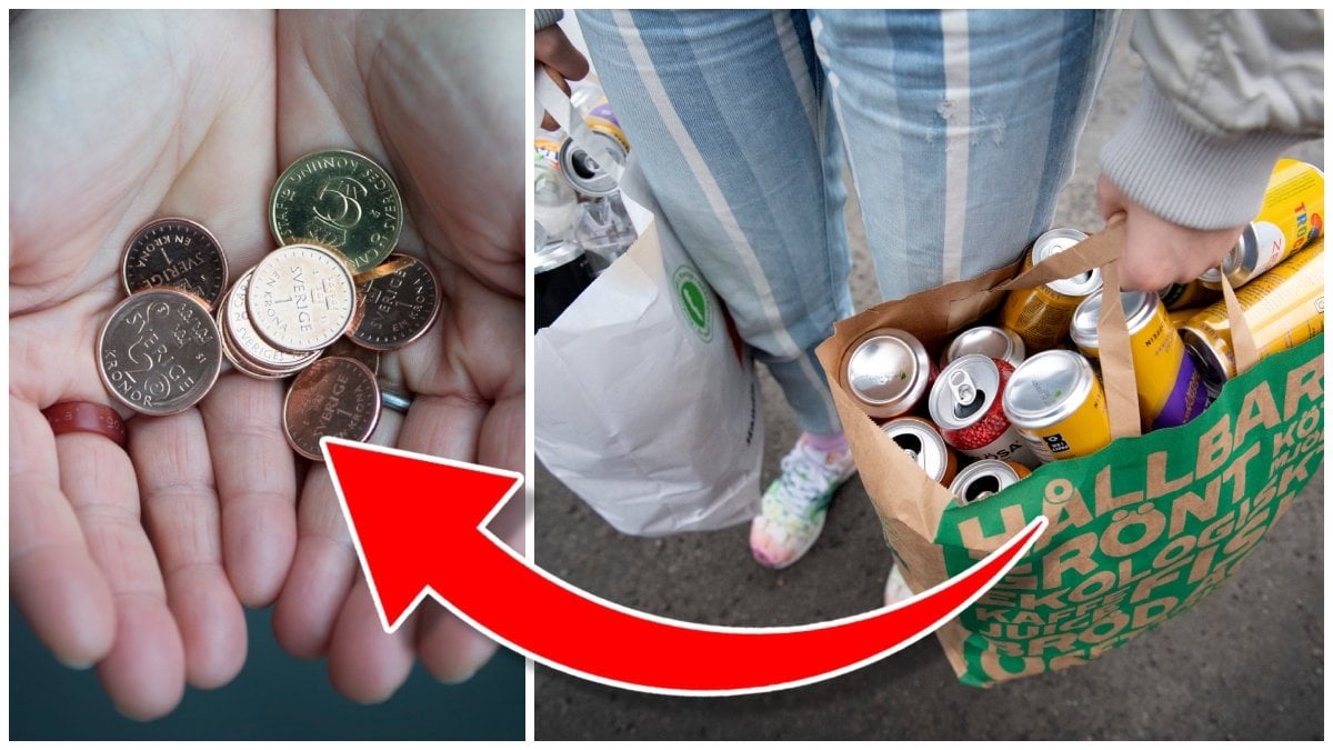 Händer med svenska mynt och kassar med pantburkar