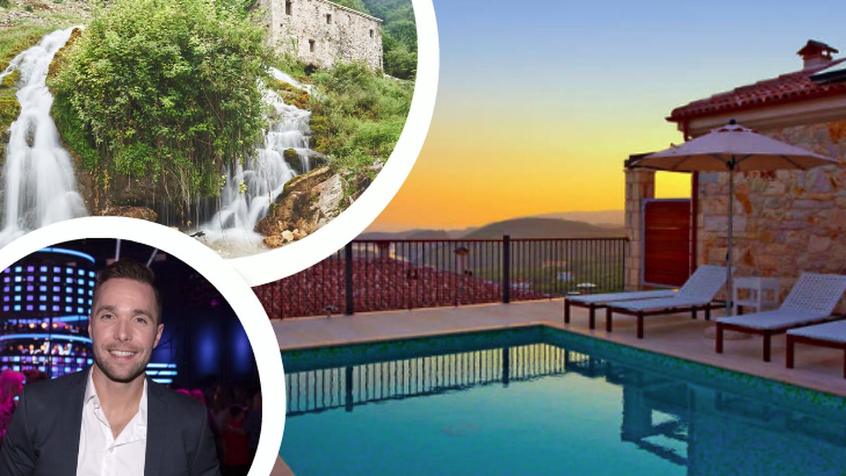 Årets Bachelor David Möller och utsikt från ett hotell med pool.