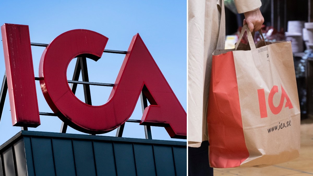 Bild på en Ica-kasse och en Ica-skylt.