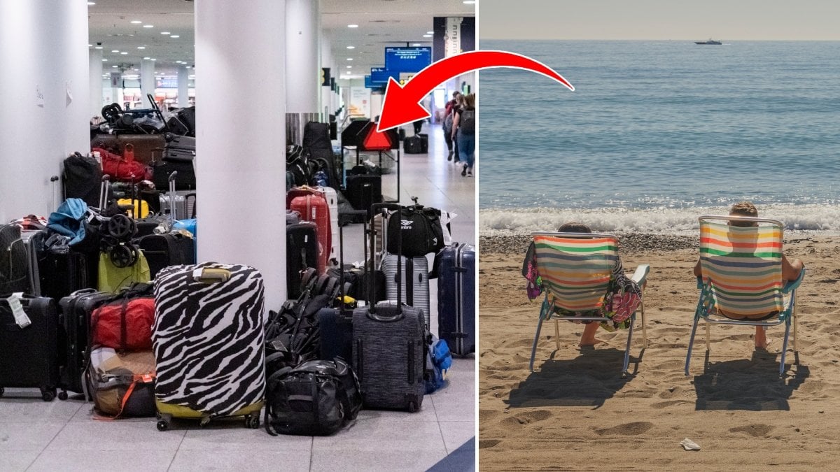 Väskor överallt vid bagageband vid flygplats och turister som solar på strand. 
