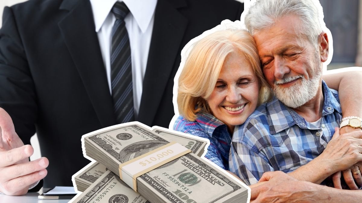 Person med kavaj ger tips i bakgrunden. En pensionärs-par omfamnar varandra höger. En kontant-bunt vänster.