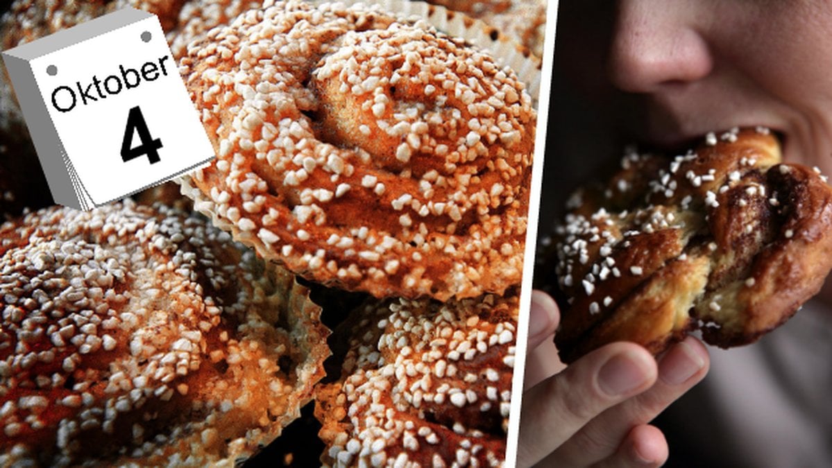 Kanelbullar och en person som äter en kanelbulle