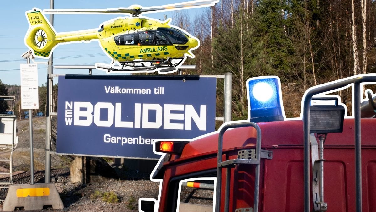Boliden, ambulanshelikopter och räddningstjänst.