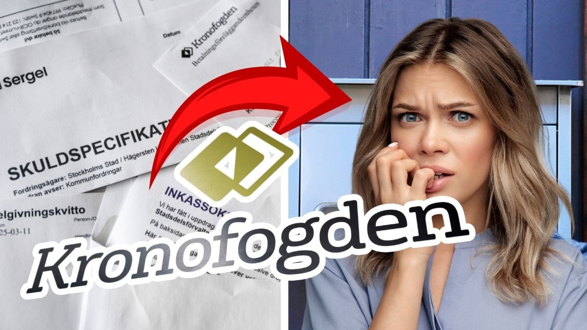 Kronofogden och Inkassobrev vänster. Brevlåda höger. Utklippt Kronofogden-logga vänster. Utklippt kvinna som biter på naglarna höger.