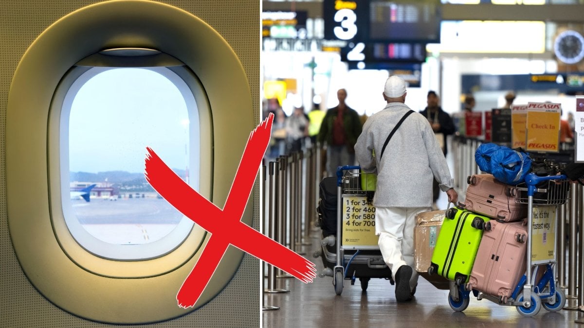 Ett flygplansfönster och en man med flera stora resväskor på Arlanda. 