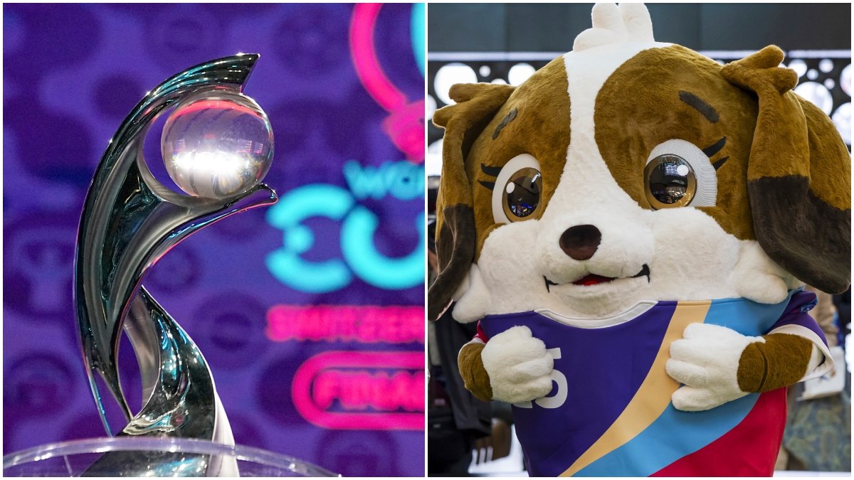 Pokal för fotbolls-EM 2025 och en bild på maskoten Maddli.