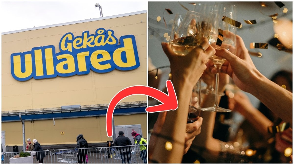 Gekås Ullareds ingång och en bild på flera som skålar i champagne.