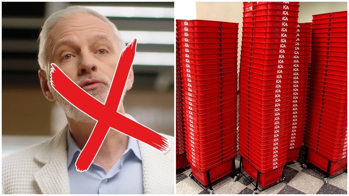 Karaktären Ica-Stig från Icas reklamfilmer och kundkorgar från Ica.