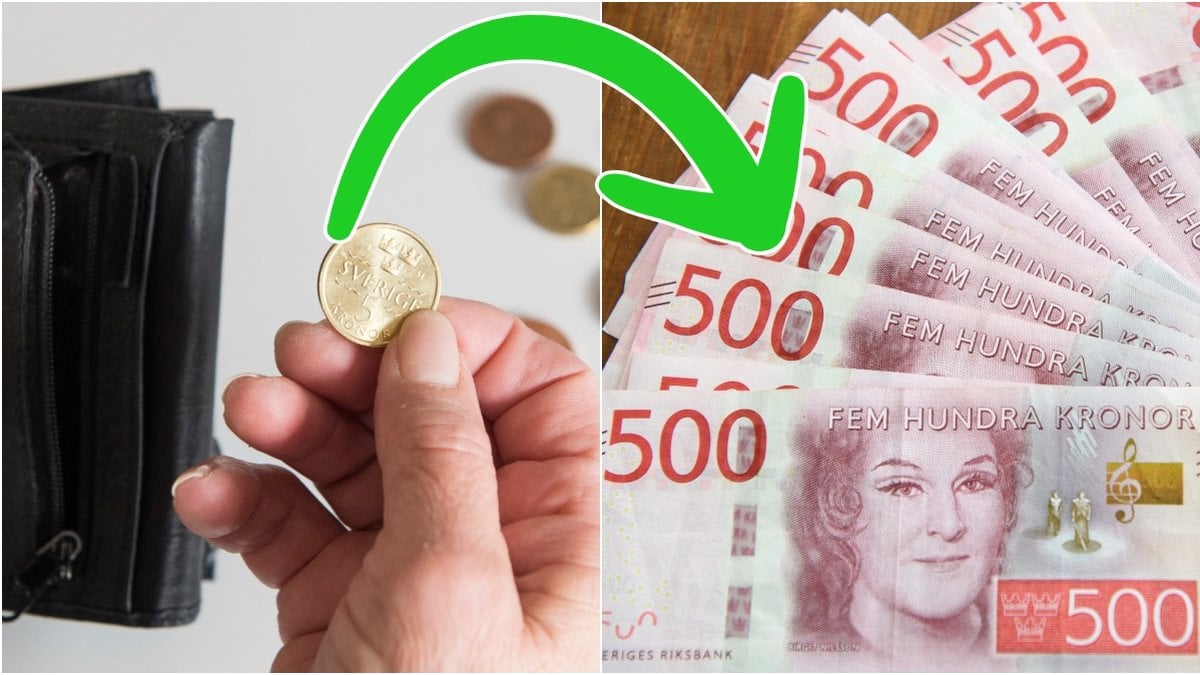 Plånbok med mynt och sedlar.