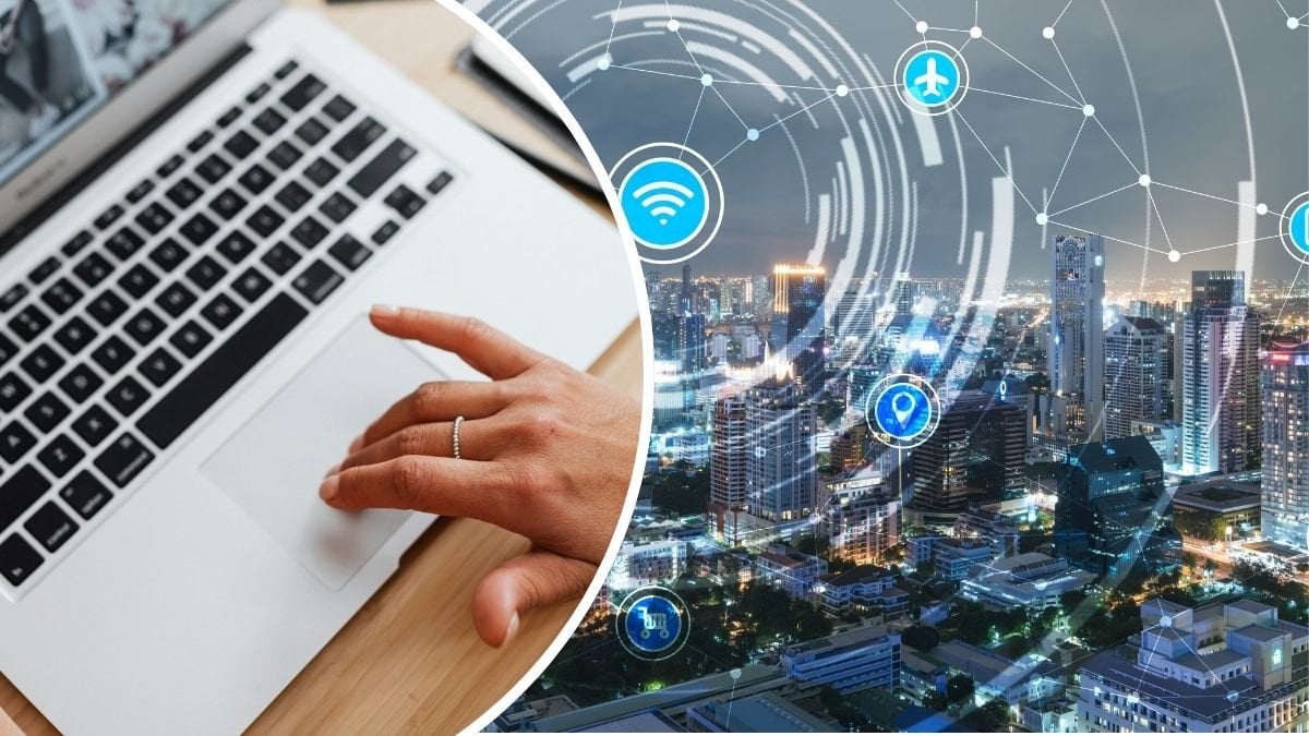 Bilder på en dator och internet över en stad.