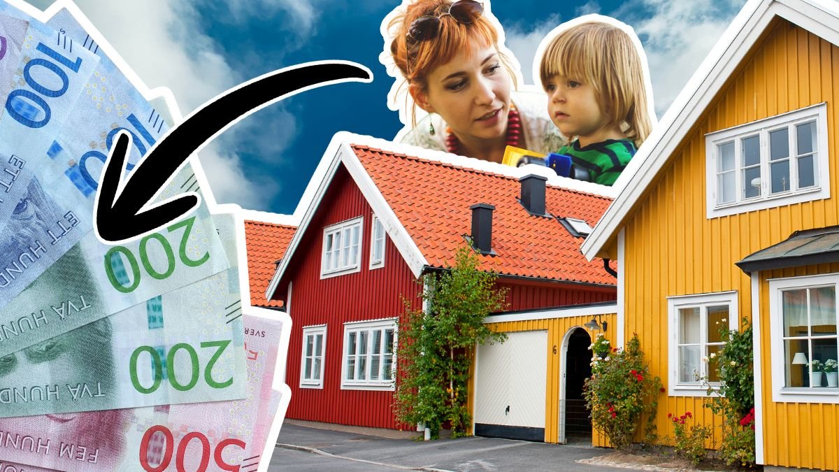 Svenska sedlar, hus längs en gata och en mamma och ett barn