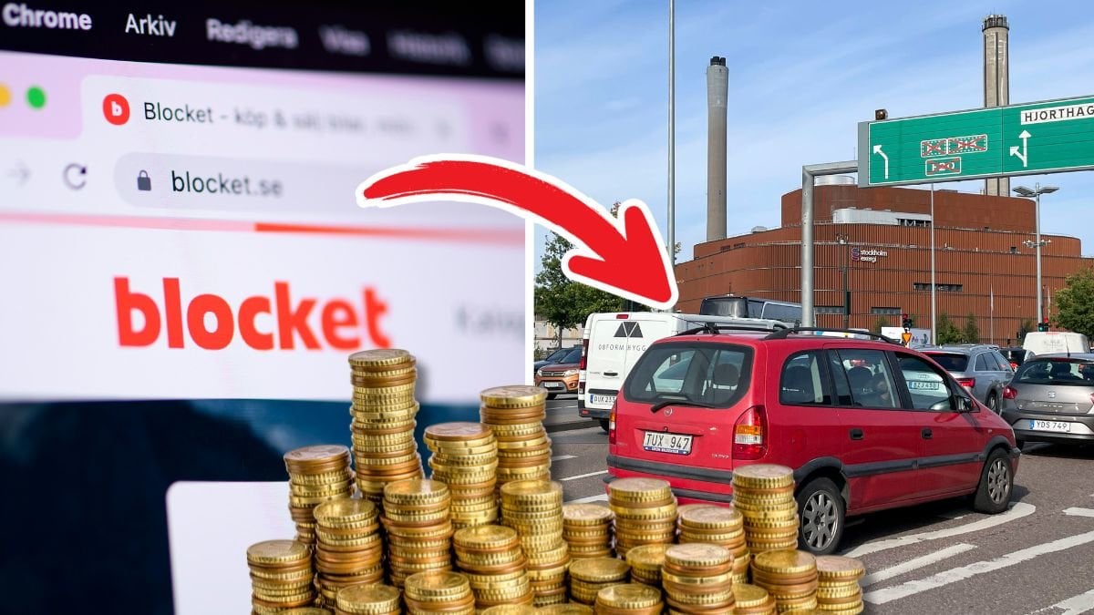 Blocket hemsida och en röd bil i trafiken.