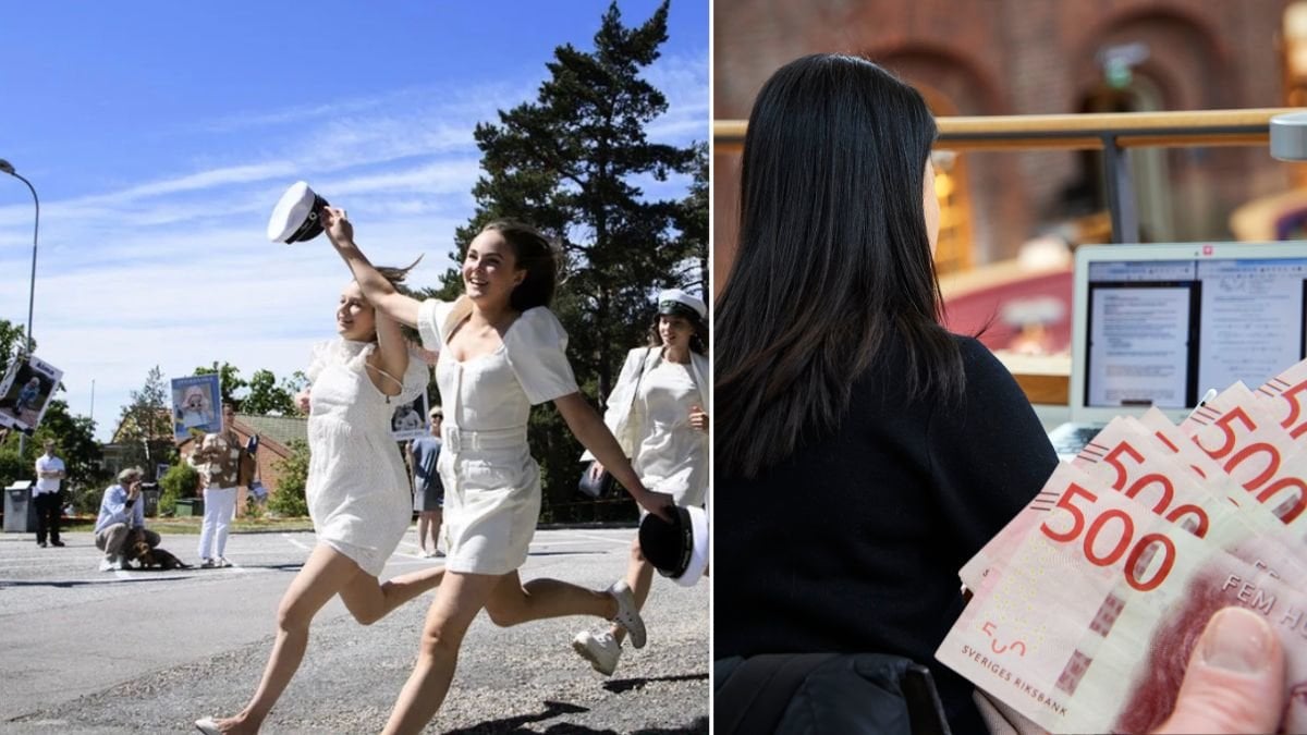 Studenter springer ut. En kvinna studerar vid en dator och en hand som håller i femhundralappar.