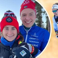Ebba Andersson och Gustaf Berglund, Gustaf Berglund under en tävling i längdskidåkning och Gustaf Berglund